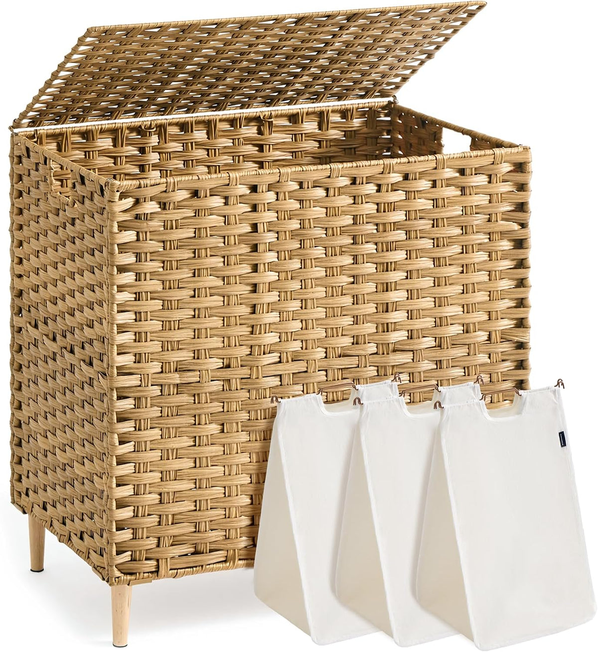 SONGMICS 4-SectionLaundry Hamper With Lid, PE Rattan, 55.5 Gallons (210 L)