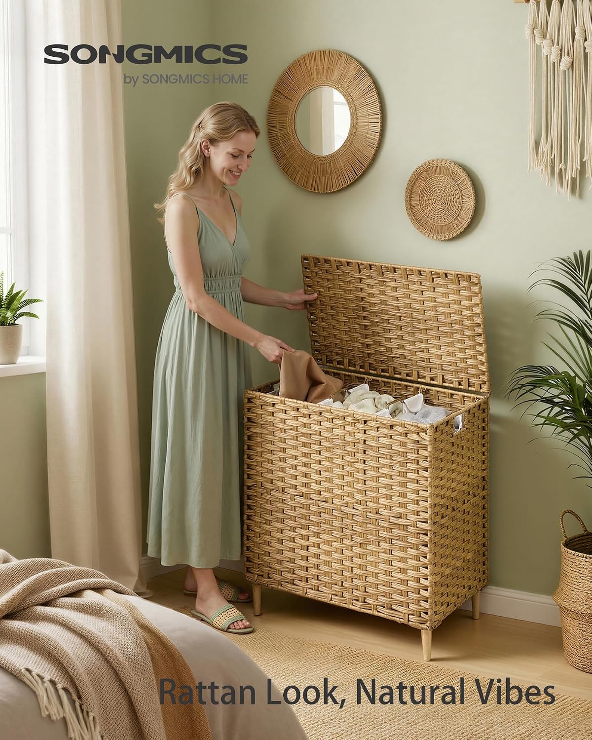 SONGMICS 4-SectionLaundry Hamper With Lid, PE Rattan, 55.5 Gallons (210 L)