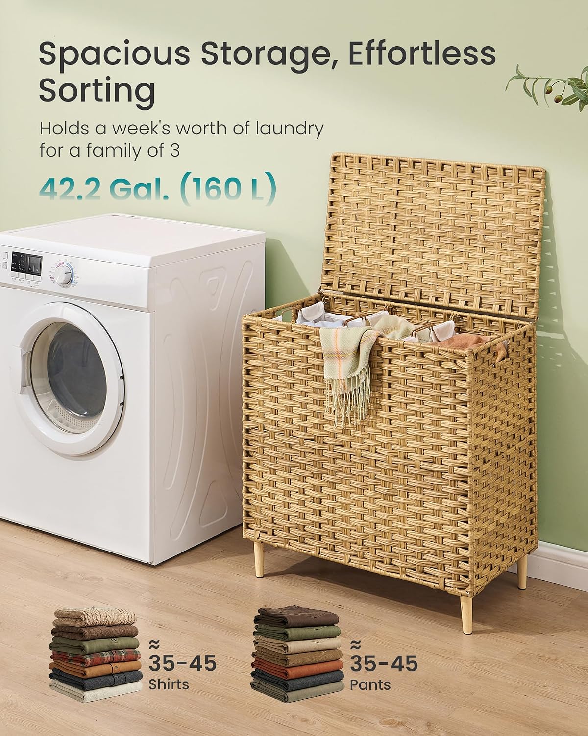 SONGMICS 4-SectionLaundry Hamper With Lid, PE Rattan, 55.5 Gallons (210 L)