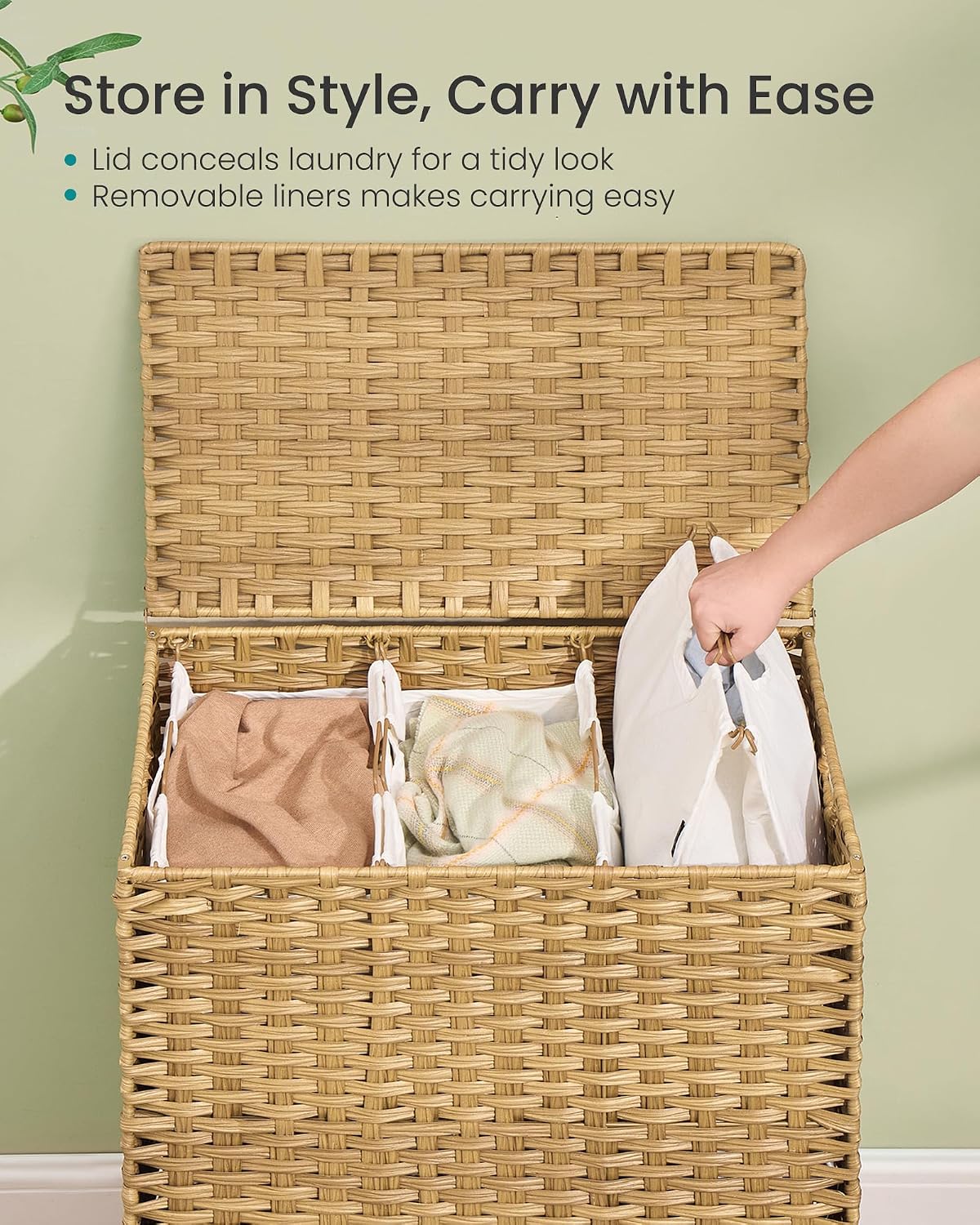 SONGMICS 4-SectionLaundry Hamper With Lid, PE Rattan, 55.5 Gallons (210 L)