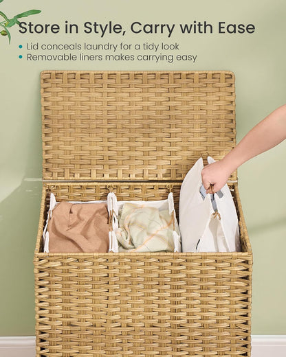 SONGMICS 4-SectionLaundry Hamper With Lid, PE Rattan, 55.5 Gallons (210 L)