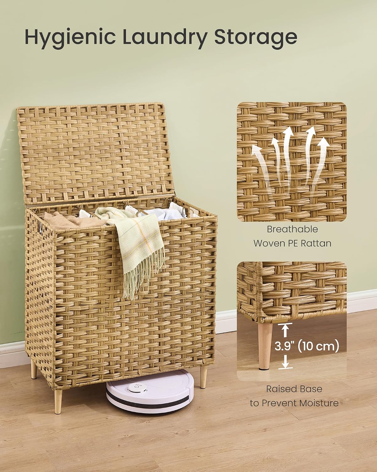 SONGMICS 4-SectionLaundry Hamper With Lid, PE Rattan, 55.5 Gallons (210 L)