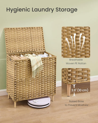 SONGMICS 4-SectionLaundry Hamper With Lid, PE Rattan, 55.5 Gallons (210 L)