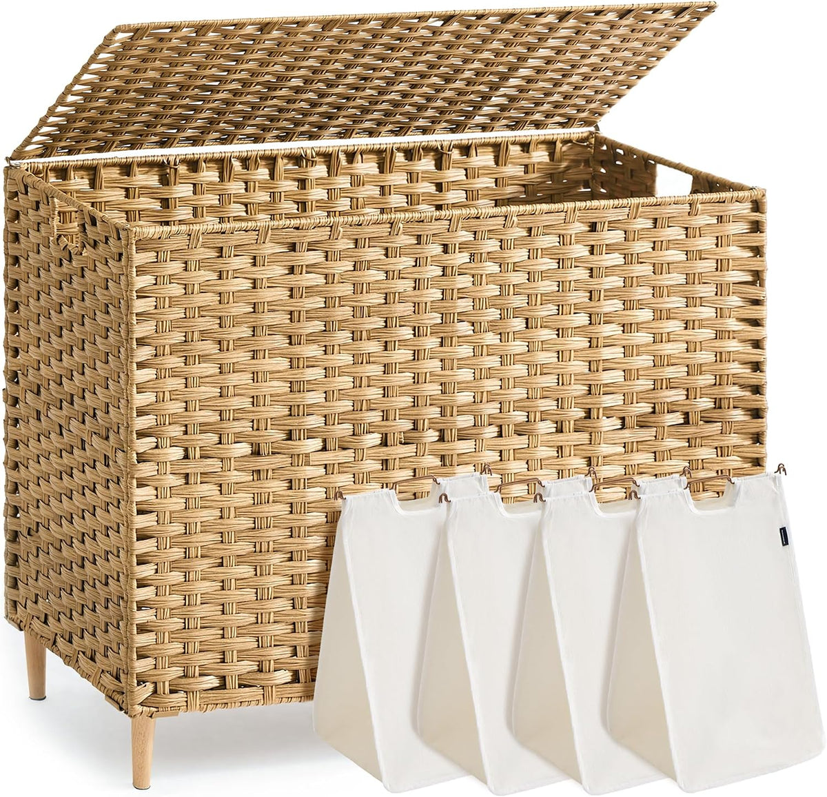 SONGMICS 4-SectionLaundry Hamper With Lid, PE Rattan, 55.5 Gallons (210 L)
