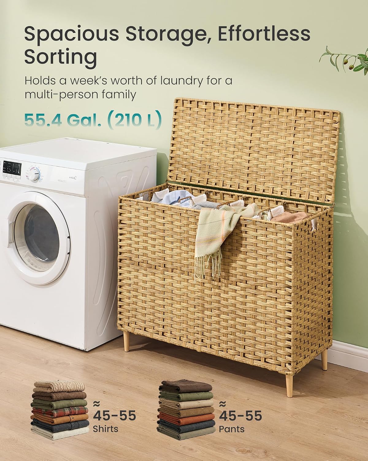 SONGMICS 4-SectionLaundry Hamper With Lid, PE Rattan, 55.5 Gallons (210 L)