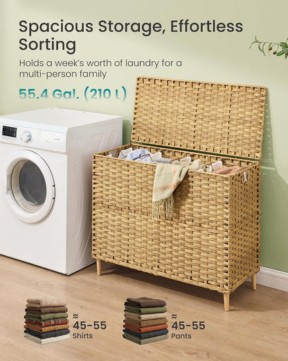 SONGMICS 4-SectionLaundry Hamper With Lid, PE Rattan, 55.5 Gallons (210 L)