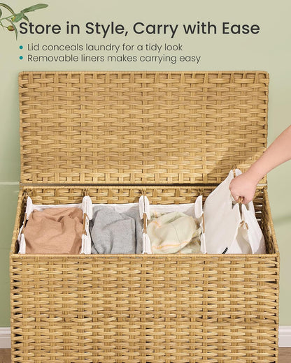 SONGMICS 4-SectionLaundry Hamper With Lid, PE Rattan, 55.5 Gallons (210 L)
