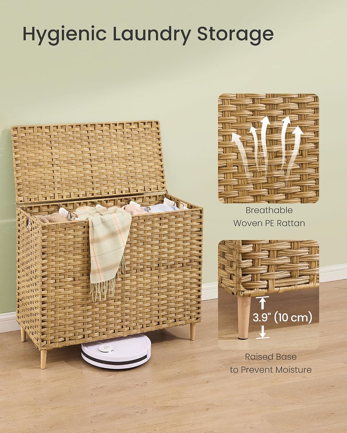 SONGMICS 4-SectionLaundry Hamper With Lid, PE Rattan, 55.5 Gallons (210 L)