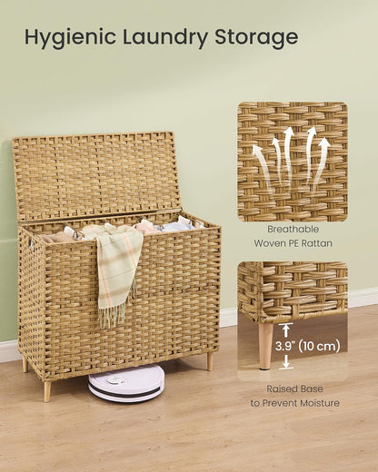 SONGMICS 4-SectionLaundry Hamper With Lid, PE Rattan, 55.5 Gallons (210 L)