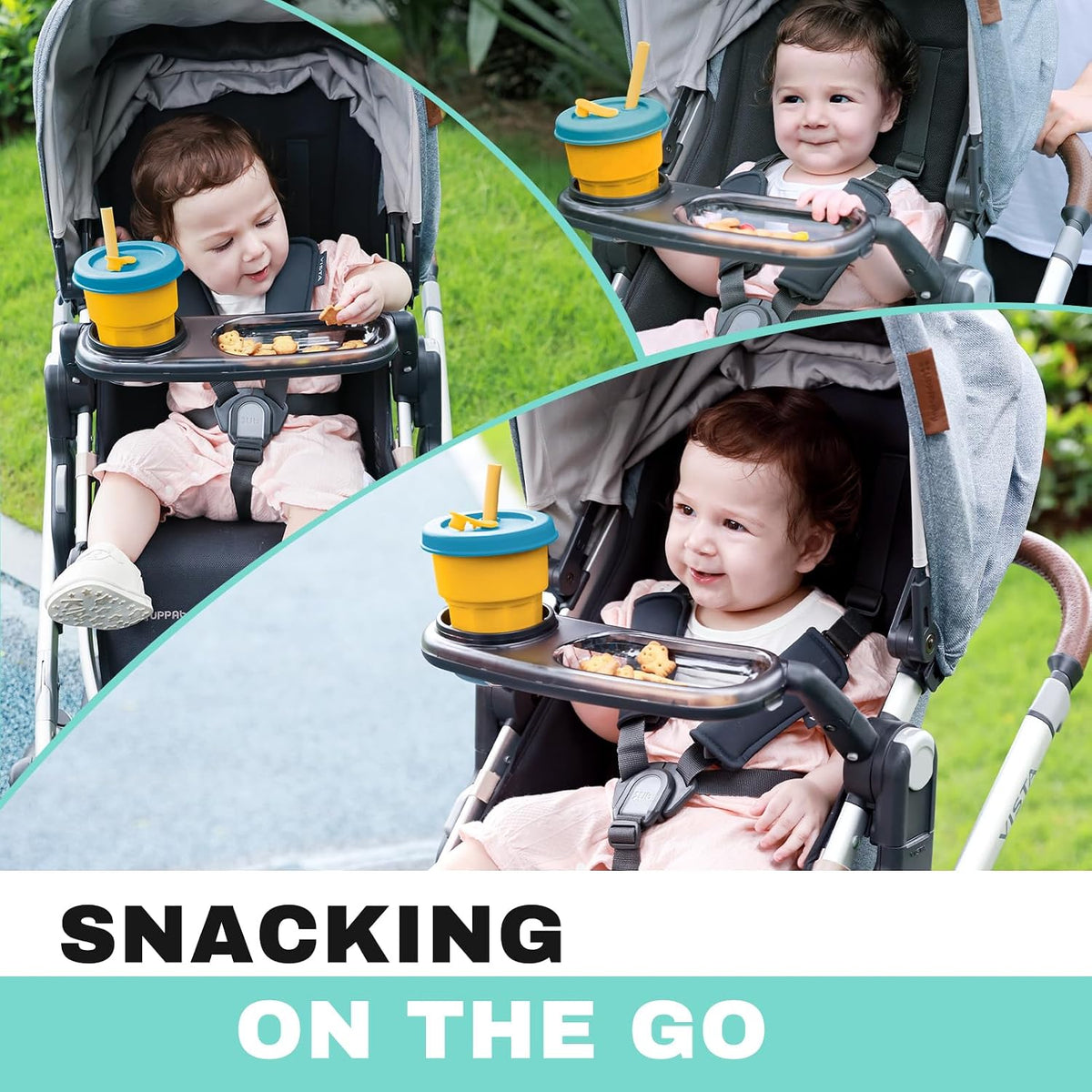 Snack Tray Fits for UPPAbaby Vista/Vista V2/Vista V3/Cruz/Cruz V2/ RumbleSeat/RumbleSeat V2, Stroller Tray with Cup Holder & Recessed Bowl, Dishwasher Safe, Quick Attachment, Folds with Stroller, Grey