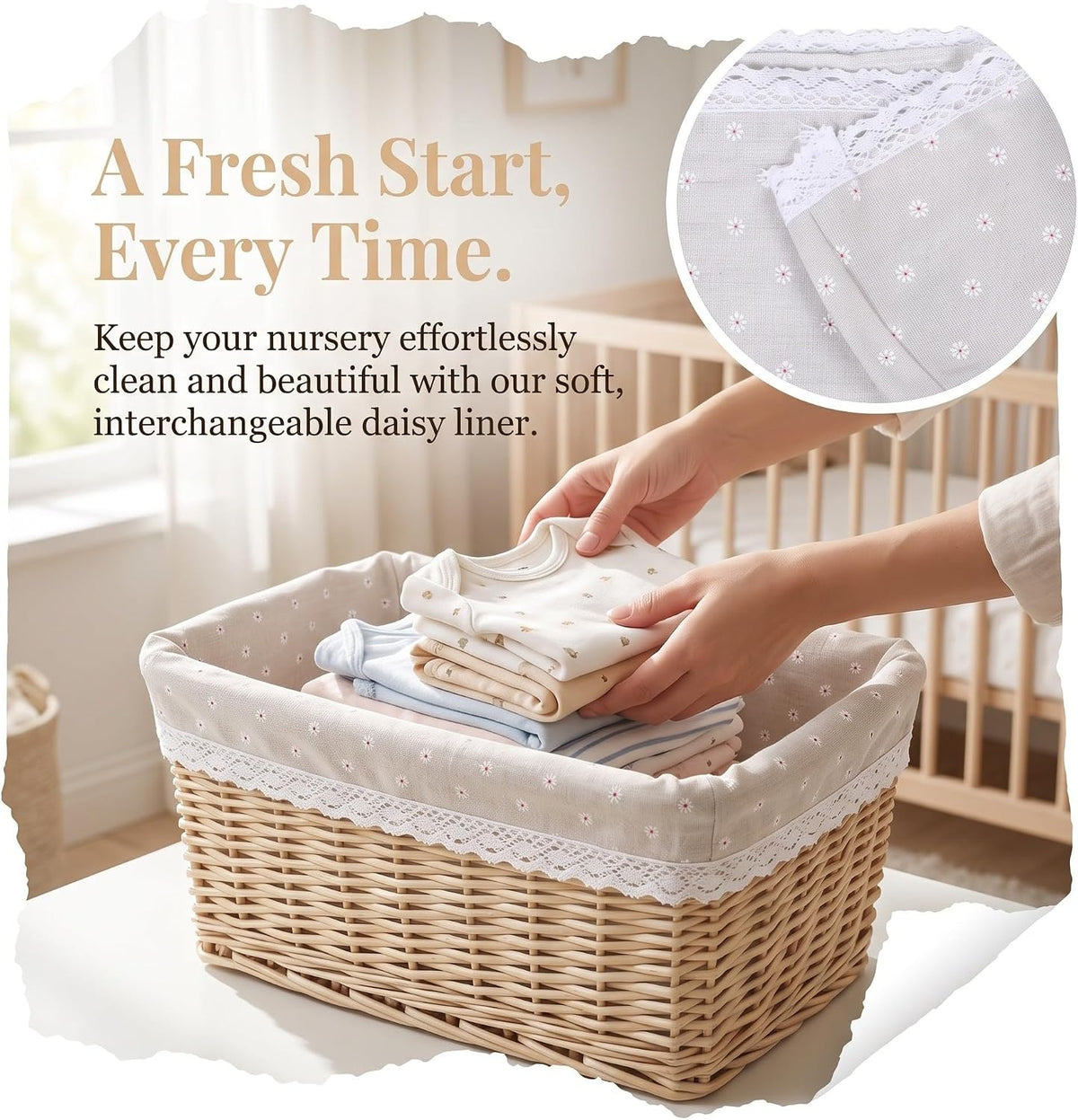 Woven Basket Liner Replacement for Baby Nursery - Breathable Washable Floral Fabric Insert for Nursery Diaper Caddy, Toy Organizer, Laundry Hamper