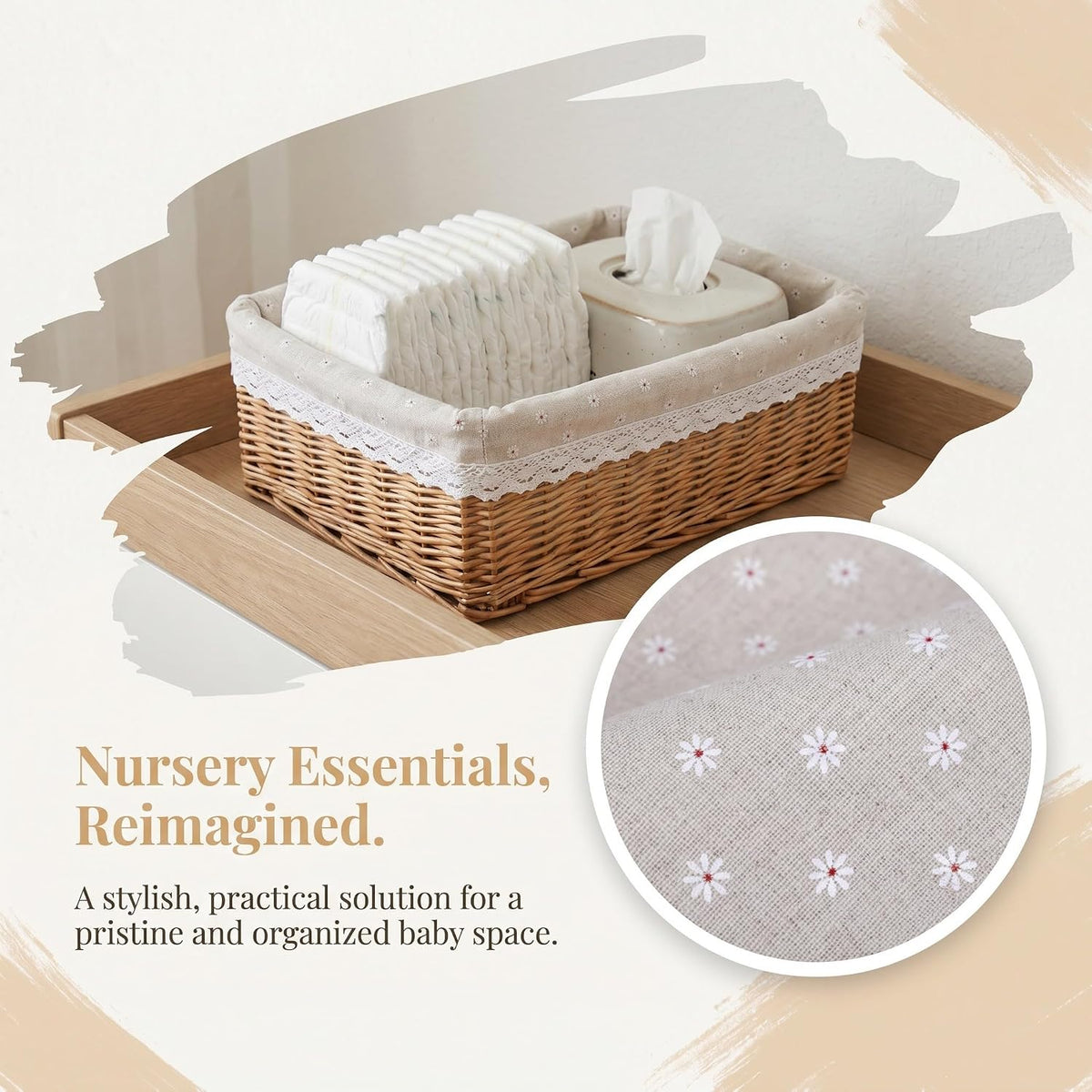 Woven Basket Liner Replacement for Baby Nursery - Breathable Washable Floral Fabric Insert for Nursery Diaper Caddy, Toy Organizer, Laundry Hamper