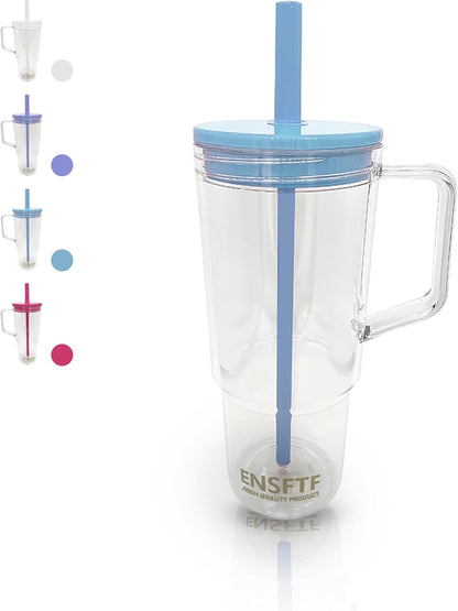 40oz Insulated Clear Tumbler with Handle and Lid & Straw, Reusable Travel Mug for Cold and Hot Drinks, Double-Wall Plastic Water Bottle | Crystal-Clear | Car Cup Holder Fit | Leakproof | BPA-Free