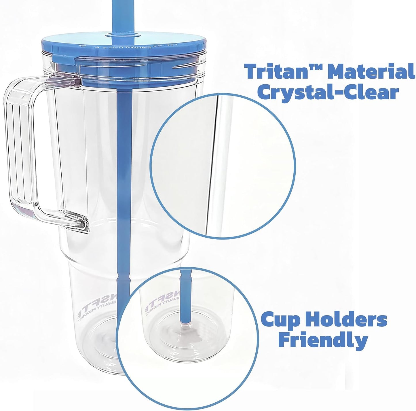 40oz Insulated Clear Tumbler with Handle and Lid & Straw, Reusable Travel Mug for Cold and Hot Drinks, Double-Wall Plastic Water Bottle | Crystal-Clear | Car Cup Holder Fit | Leakproof | BPA-Free