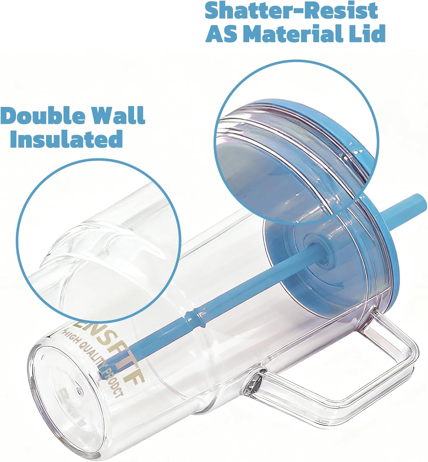 40oz Insulated Clear Tumbler with Handle and Lid & Straw, Reusable Travel Mug for Cold and Hot Drinks, Double-Wall Plastic Water Bottle | Crystal-Clear | Car Cup Holder Fit | Leakproof | BPA-Free