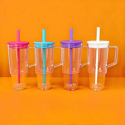 40oz Insulated Clear Tumbler with Handle and Lid & Straw, Reusable Travel Mug for Cold and Hot Drinks, Double-Wall Plastic Water Bottle | Crystal-Clear | Car Cup Holder Fit | Leakproof | BPA-Free