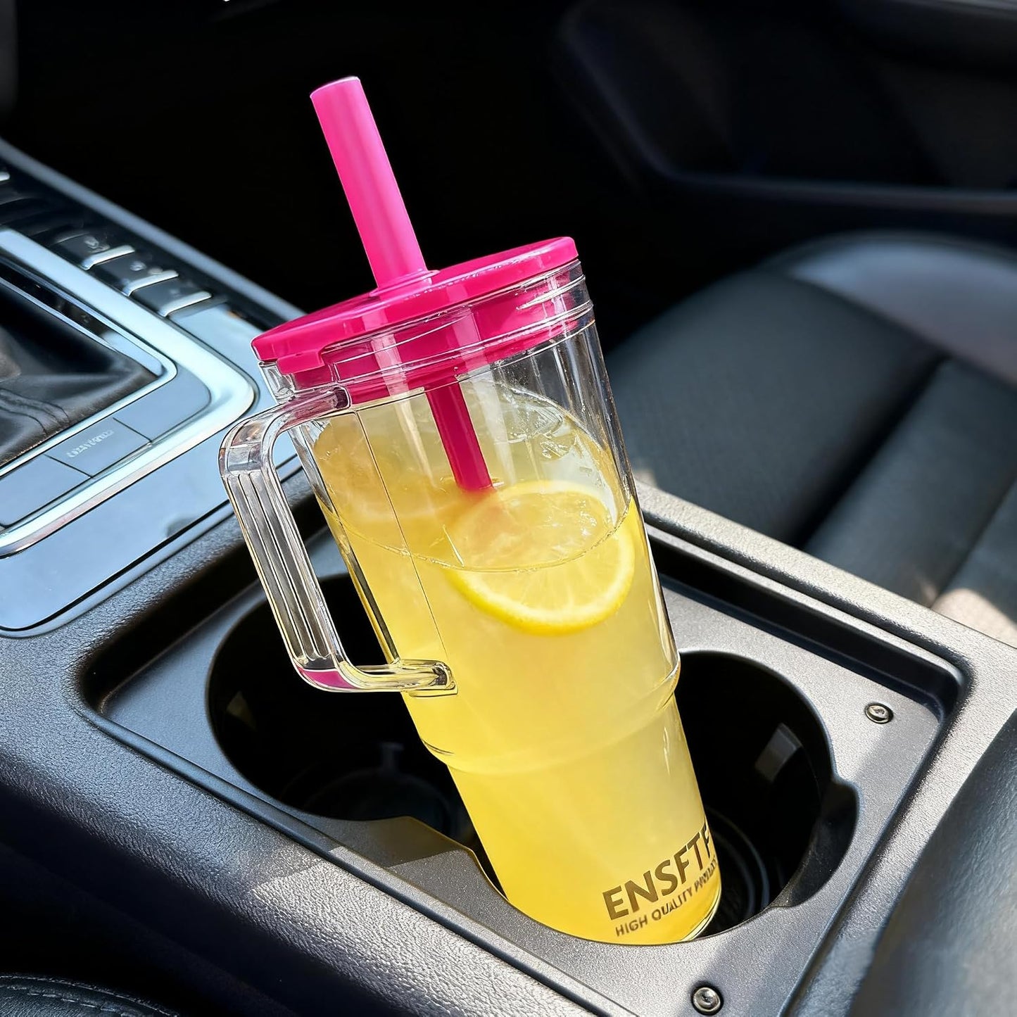 40oz Insulated Clear Tumbler with Handle and Lid & Straw, Reusable Travel Mug for Cold and Hot Drinks, Double-Wall Plastic Water Bottle | Crystal-Clear | Car Cup Holder Fit | Leakproof | BPA-Free
