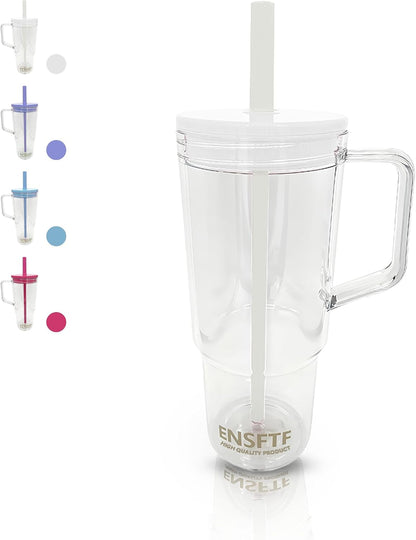 40oz Insulated Clear Tumbler with Handle and Lid & Straw, Reusable Travel Mug for Cold and Hot Drinks, Double-Wall Plastic Water Bottle | Crystal-Clear | Car Cup Holder Fit | Leakproof | BPA-Free