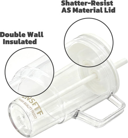 40oz Insulated Clear Tumbler with Handle and Lid & Straw, Reusable Travel Mug for Cold and Hot Drinks, Double-Wall Plastic Water Bottle | Crystal-Clear | Car Cup Holder Fit | Leakproof | BPA-Free