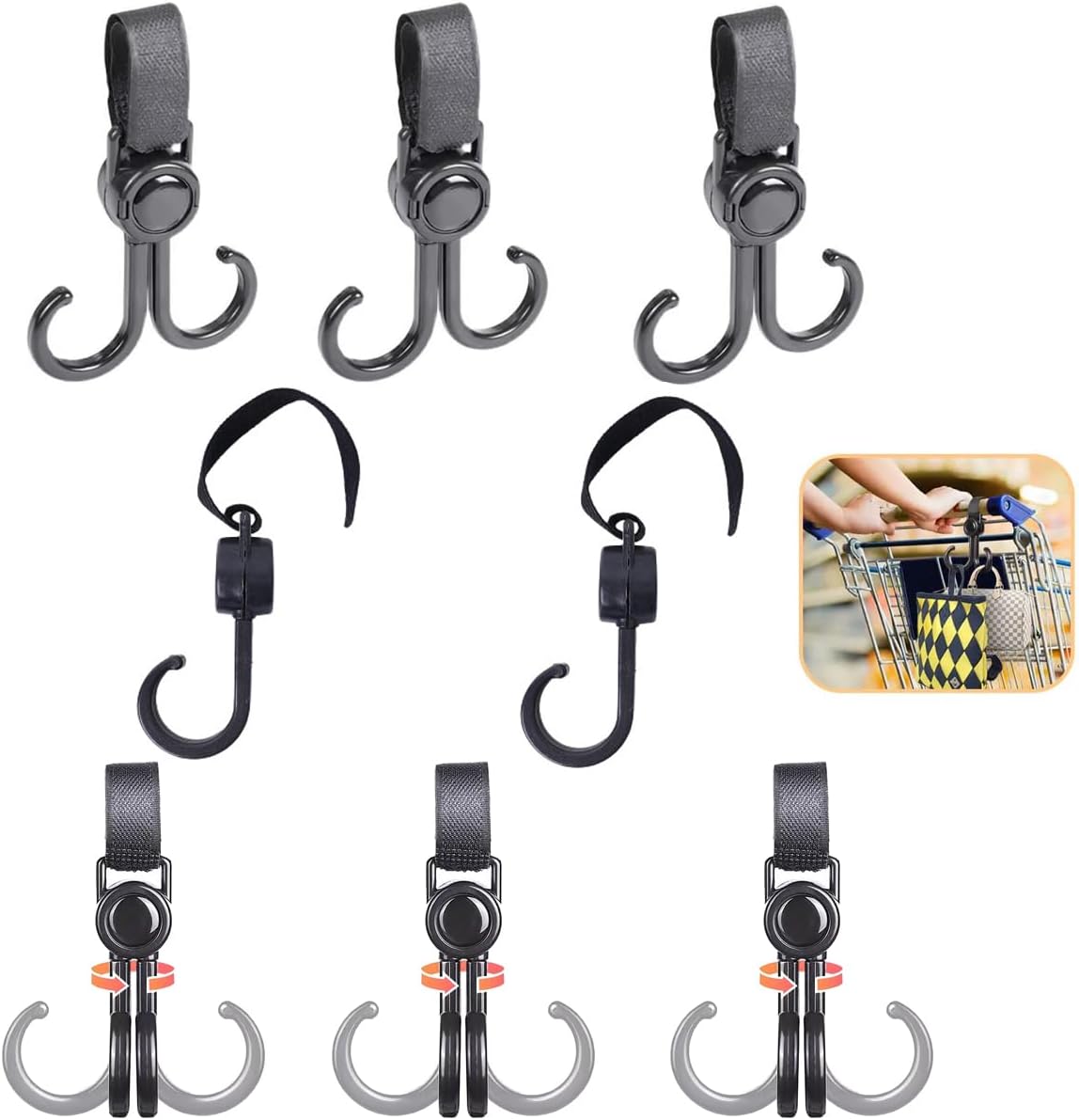 8 Pack Baby Stroller Hooks with Dual Hook Diaper Bags Hanging Hook Hanger Organizer Clip for Grocery Bags Shopping Bag Purse Handbag Strollers Bikes Wheelchairs Rollator Walkers