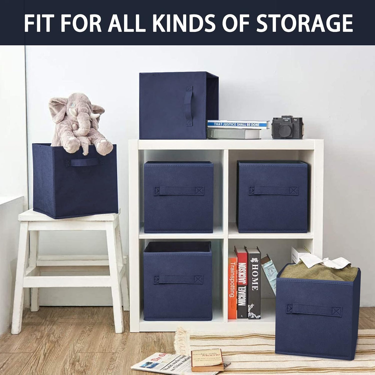 Small Storage Bins,Collapsible Fabric Storage Organizer 9.0"x7.5"x7.5",Mini Storage Box,fit for closet, living room, bookshelf, Kids clothes and toys storage and organization Blue…