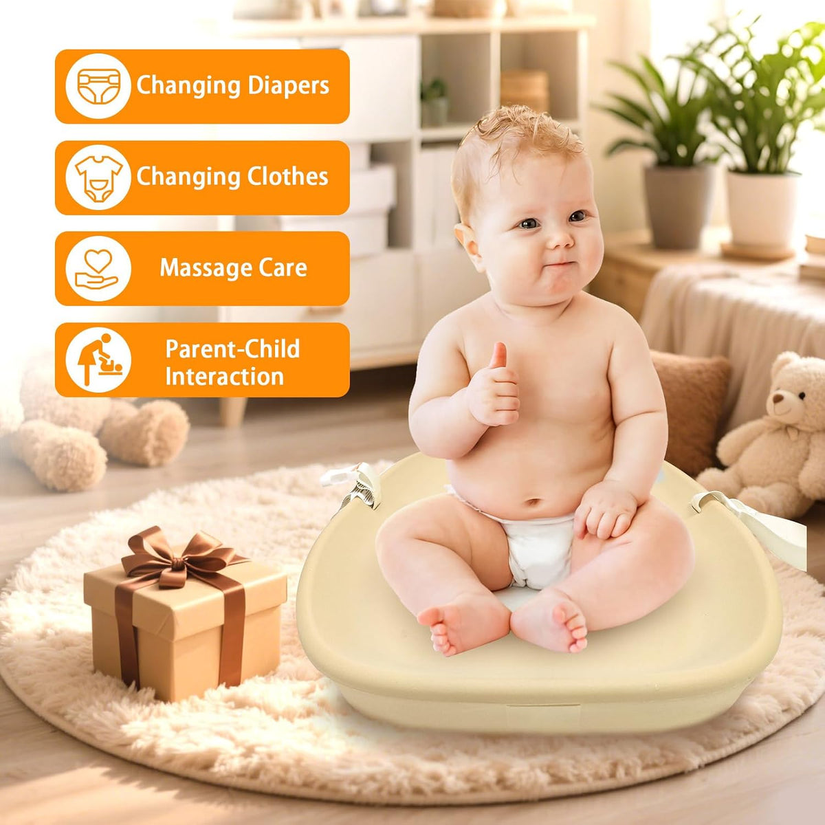Baby Changing Pad – Wipe-Clean Surface,Non-Slip Base with Safety Strap,Straight Peanut Contoured with Cushioned EVA Foam,Portable Diaper Changing Pad for Newborn and Toddler,Nursery and Travel, Oat
