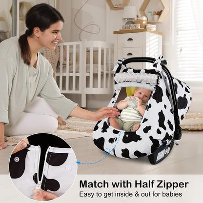 Baby Car Seat Cover, Car Seat Covers for Babies Infant Car Seat Canopy with Breathable Mesh Window Waterproof Carseat Cover for Babies Boy Girl 4 Seasons, White/Cow