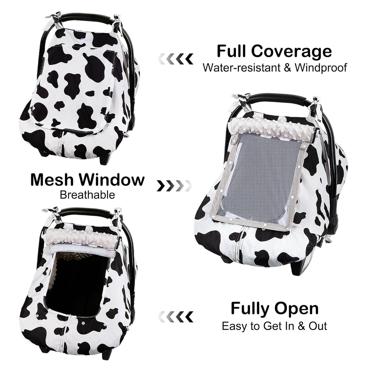 Baby Car Seat Cover, Car Seat Covers for Babies Infant Car Seat Canopy with Breathable Mesh Window Waterproof Carseat Cover for Babies Boy Girl 4 Seasons, White/Cow