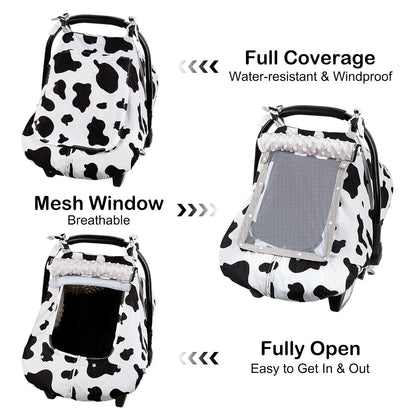 Baby Car Seat Cover, Car Seat Covers for Babies Infant Car Seat Canopy with Breathable Mesh Window Waterproof Carseat Cover for Babies Boy Girl 4 Seasons, White/Cow