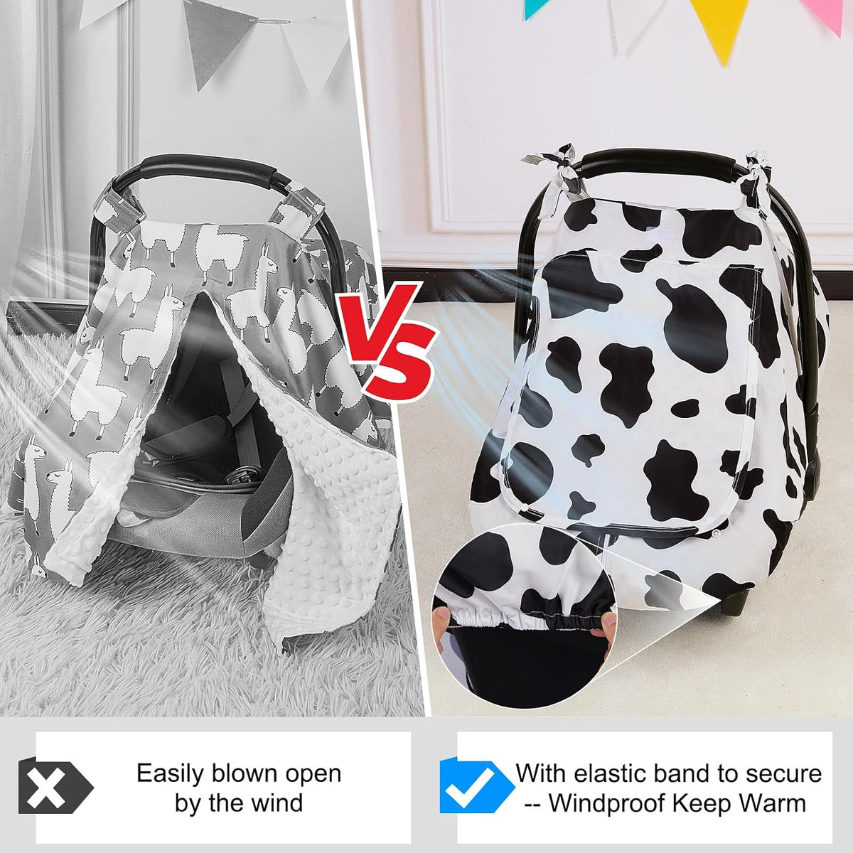 Baby Car Seat Cover, Car Seat Covers for Babies Infant Car Seat Canopy with Breathable Mesh Window Waterproof Carseat Cover for Babies Boy Girl 4 Seasons, White/Cow