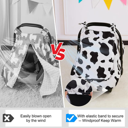 Baby Car Seat Cover, Car Seat Covers for Babies Infant Car Seat Canopy with Breathable Mesh Window Waterproof Carseat Cover for Babies Boy Girl 4 Seasons, White/Cow