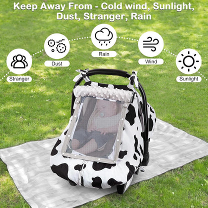 Baby Car Seat Cover, Car Seat Covers for Babies Infant Car Seat Canopy with Breathable Mesh Window Waterproof Carseat Cover for Babies Boy Girl 4 Seasons, White/Cow