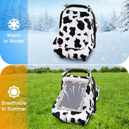 Baby Car Seat Cover, Car Seat Covers for Babies Infant Car Seat Canopy with Breathable Mesh Window Waterproof Carseat Cover for Babies Boy Girl 4 Seasons, White/Cow