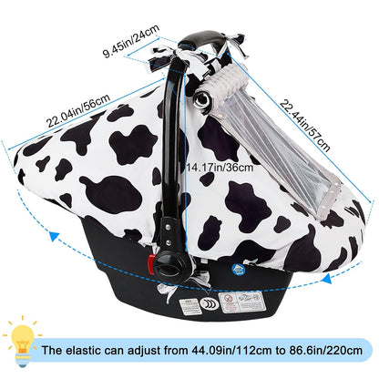 Baby Car Seat Cover, Car Seat Covers for Babies Infant Car Seat Canopy with Breathable Mesh Window Waterproof Carseat Cover for Babies Boy Girl 4 Seasons, White/Cow