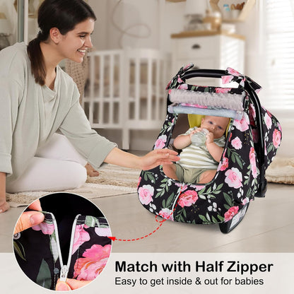 Baby Car Seat Cover, Car Seat Covers for Babies Infant Car Seat Canopy with Breathable Mesh Window Waterproof Carseat Cover for Babies Boy Girl 4 Seasons, White/Cow