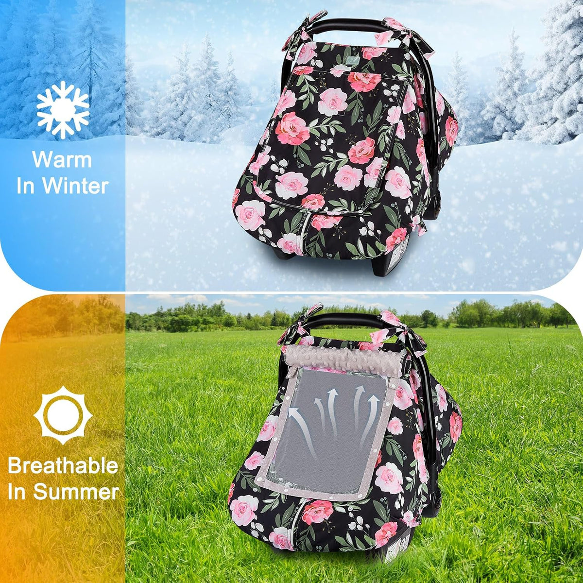 Baby Car Seat Cover, Car Seat Covers for Babies Infant Car Seat Canopy with Breathable Mesh Window Waterproof Carseat Cover for Babies Boy Girl 4 Seasons, White/Cow