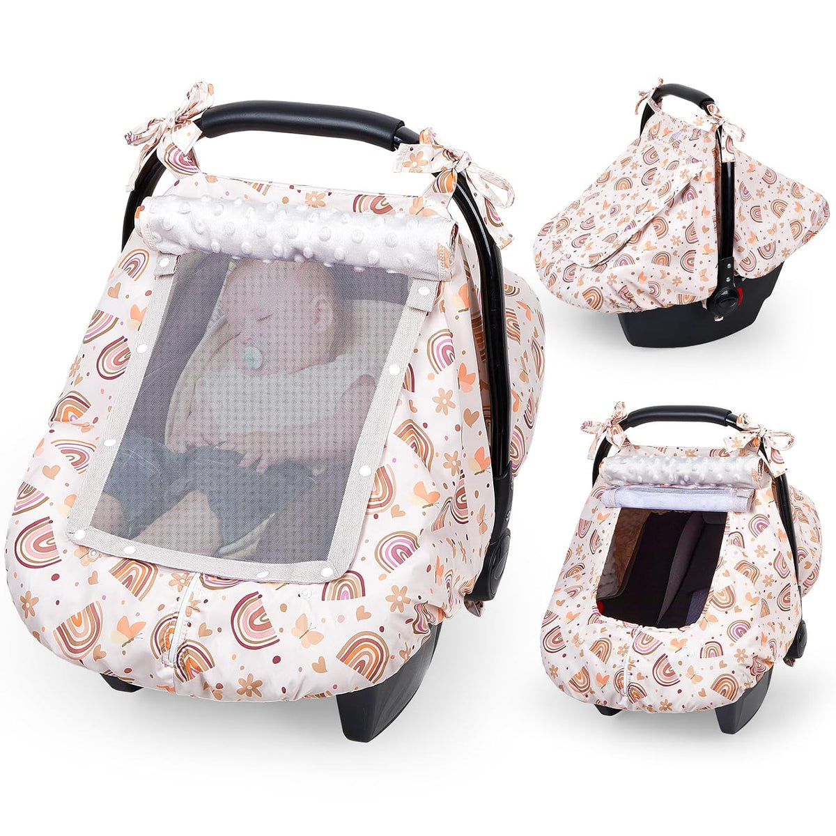 Baby Car Seat Cover, Car Seat Covers for Babies Infant Car Seat Canopy with Breathable Mesh Window Waterproof Carseat Cover for Babies Boy Girl 4 Seasons, White/Cow