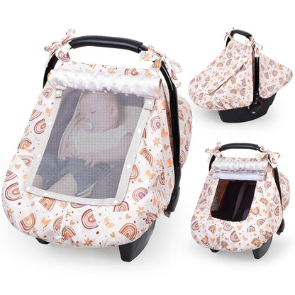 Baby Car Seat Cover, Car Seat Covers for Babies Infant Car Seat Canopy with Breathable Mesh Window Waterproof Carseat Cover for Babies Boy Girl 4 Seasons, White/Cow
