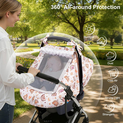 Baby Car Seat Cover, Car Seat Covers for Babies Infant Car Seat Canopy with Breathable Mesh Window Waterproof Carseat Cover for Babies Boy Girl 4 Seasons, White/Cow