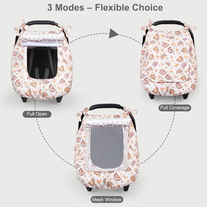 Baby Car Seat Cover, Car Seat Covers for Babies Infant Car Seat Canopy with Breathable Mesh Window Waterproof Carseat Cover for Babies Boy Girl 4 Seasons, White/Cow