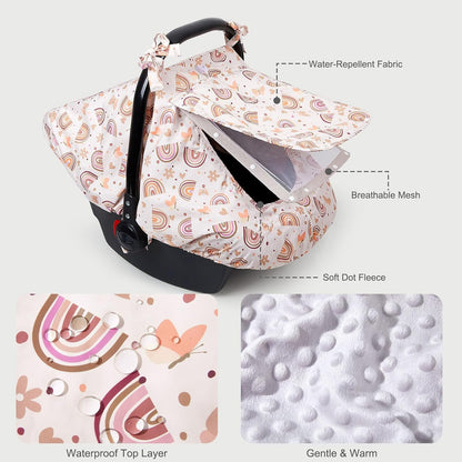 Baby Car Seat Cover, Car Seat Covers for Babies Infant Car Seat Canopy with Breathable Mesh Window Waterproof Carseat Cover for Babies Boy Girl 4 Seasons, White/Cow