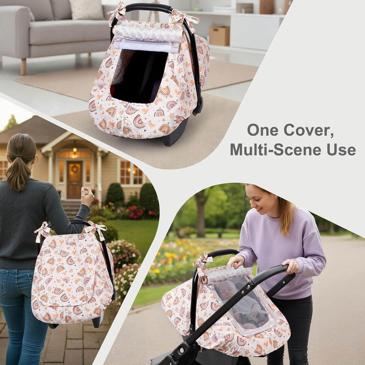 Baby Car Seat Cover, Car Seat Covers for Babies Infant Car Seat Canopy with Breathable Mesh Window Waterproof Carseat Cover for Babies Boy Girl 4 Seasons, White/Cow