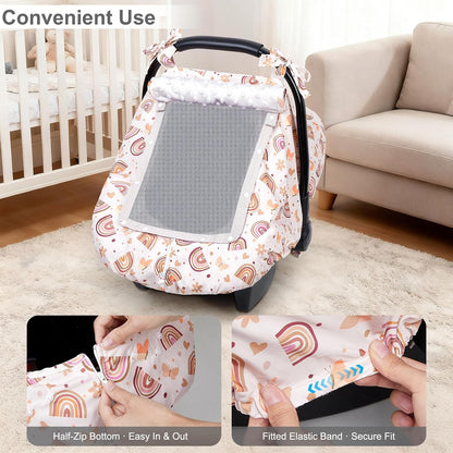 Baby Car Seat Cover, Car Seat Covers for Babies Infant Car Seat Canopy with Breathable Mesh Window Waterproof Carseat Cover for Babies Boy Girl 4 Seasons, White/Cow