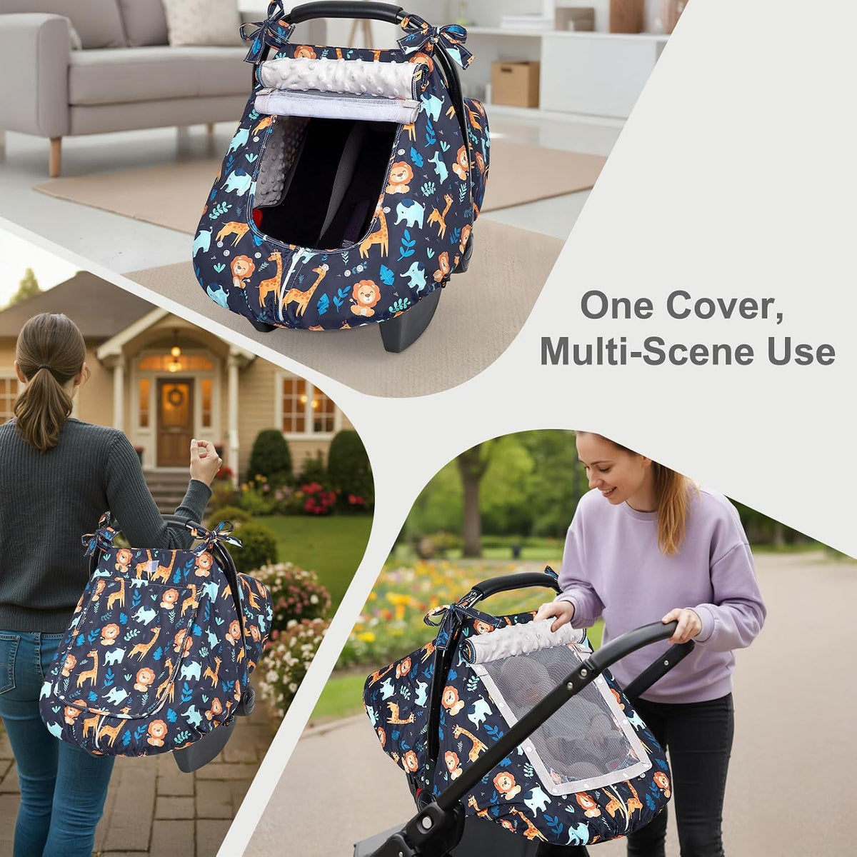 Baby Car Seat Cover, Car Seat Covers for Babies Infant Car Seat Canopy with Breathable Mesh Window Waterproof Carseat Cover for Babies Boy Girl 4 Seasons, White/Cow