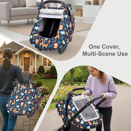 Baby Car Seat Cover, Car Seat Covers for Babies Infant Car Seat Canopy with Breathable Mesh Window Waterproof Carseat Cover for Babies Boy Girl 4 Seasons, White/Cow