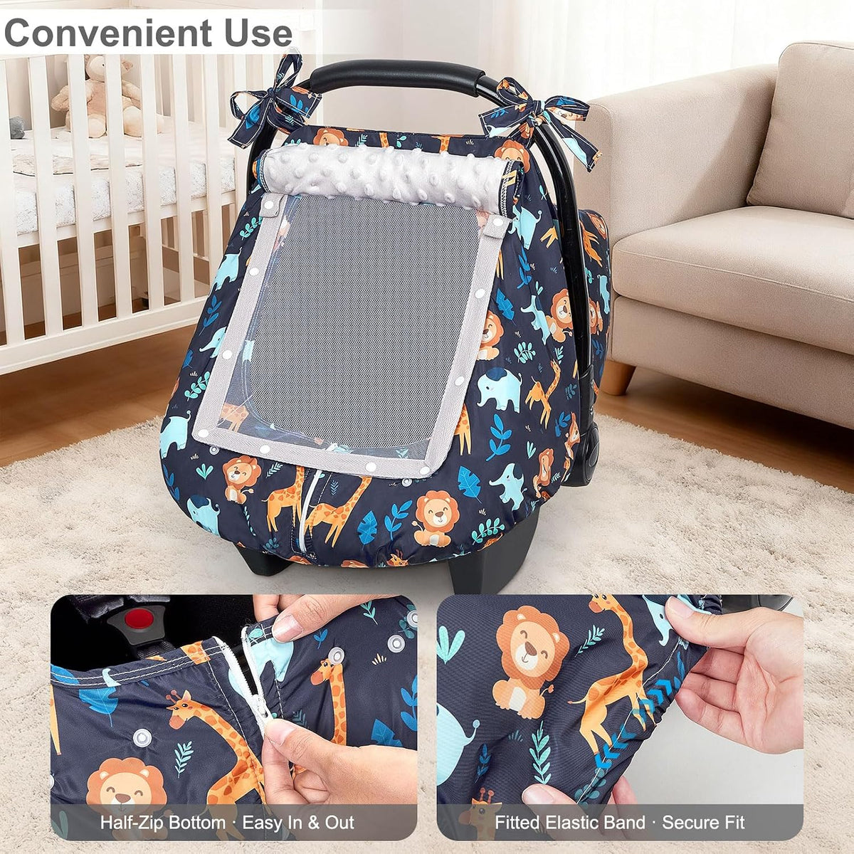 Baby Car Seat Cover, Car Seat Covers for Babies Infant Car Seat Canopy with Breathable Mesh Window Waterproof Carseat Cover for Babies Boy Girl 4 Seasons, White/Cow