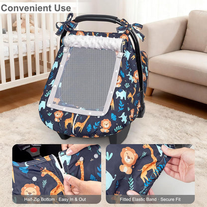 Baby Car Seat Cover, Car Seat Covers for Babies Infant Car Seat Canopy with Breathable Mesh Window Waterproof Carseat Cover for Babies Boy Girl 4 Seasons, White/Cow