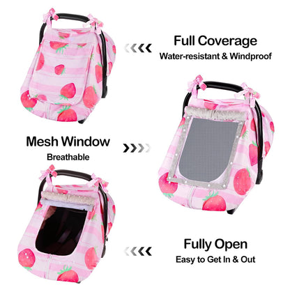 Baby Car Seat Cover, Car Seat Covers for Babies Infant Car Seat Canopy with Breathable Mesh Window Waterproof Carseat Cover for Babies Boy Girl 4 Seasons, White/Cow