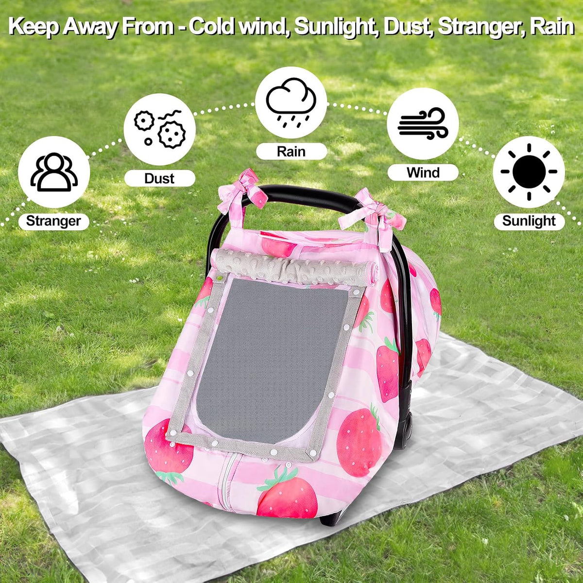 Baby Car Seat Cover, Car Seat Covers for Babies Infant Car Seat Canopy with Breathable Mesh Window Waterproof Carseat Cover for Babies Boy Girl 4 Seasons, White/Cow