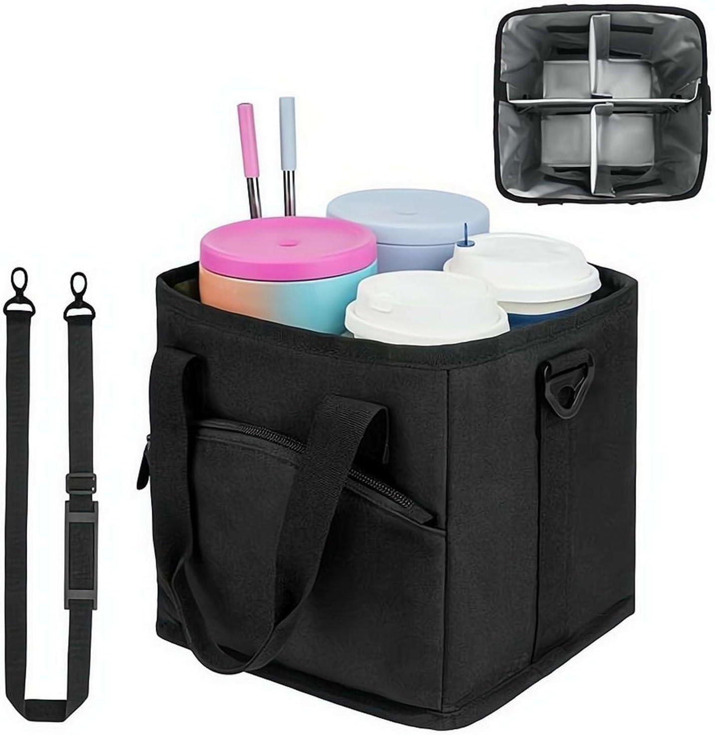 4 Compartment Insulated Drink Carrier Holder Bag, Multiple Tumbler Caddy, Leak-Proof Water Bottle Holder with Adjustable Strap&Dividers, Portable Foldable Drink Caddy Tote For Coffee, Travel, Outings